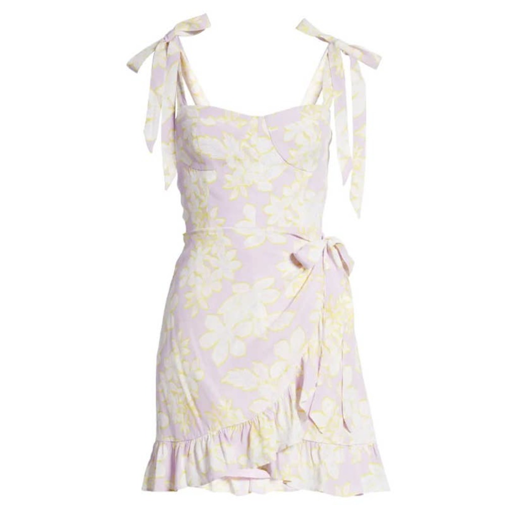 NWT WAYF purple and yellow floral wrap front dress with smocked back